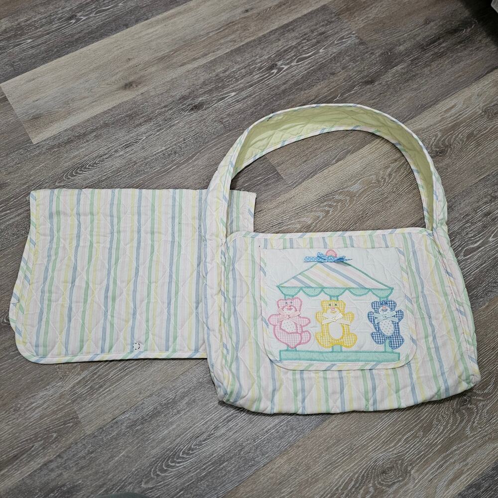 Vintage Mullins Square Kids Diaper Bag Quilted Carousal Bears 90s Baby Pastel